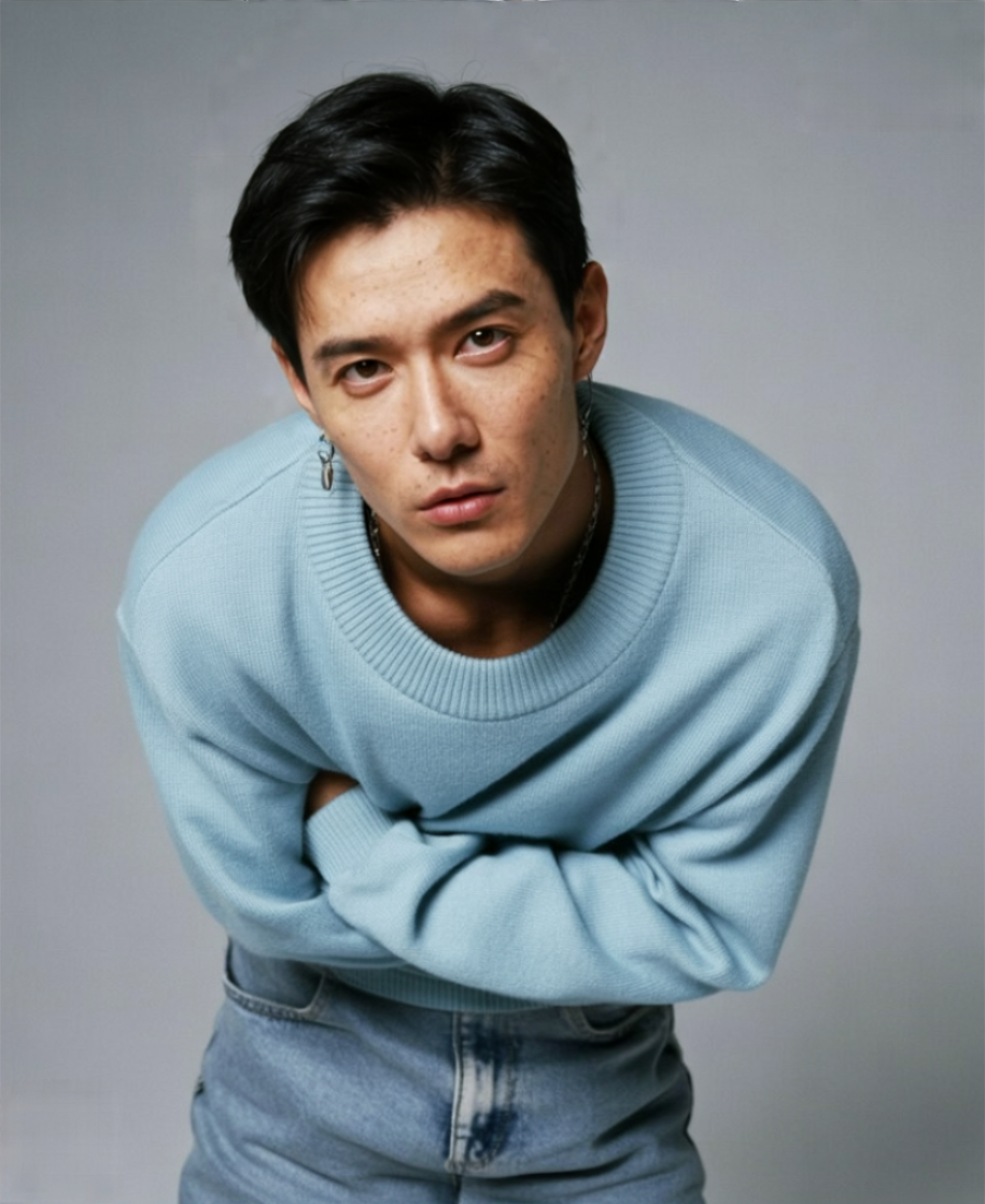 A young man with dark hair, wearing a light blue sweatshirt and jeans, leaning forward and looking directly at the camera against a gray background.