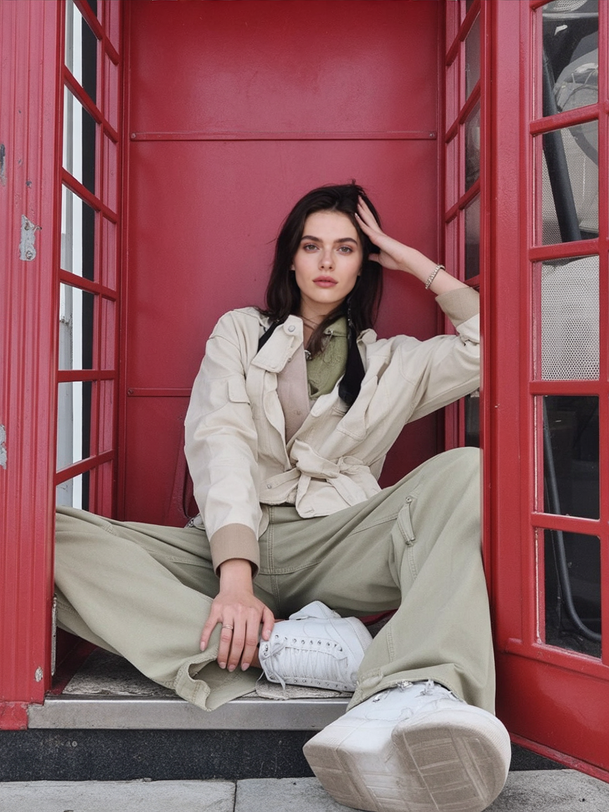 A young woman sitting inside a traditional red British telephone booth, wearing casual beige and khaki clothing and white sneakers.