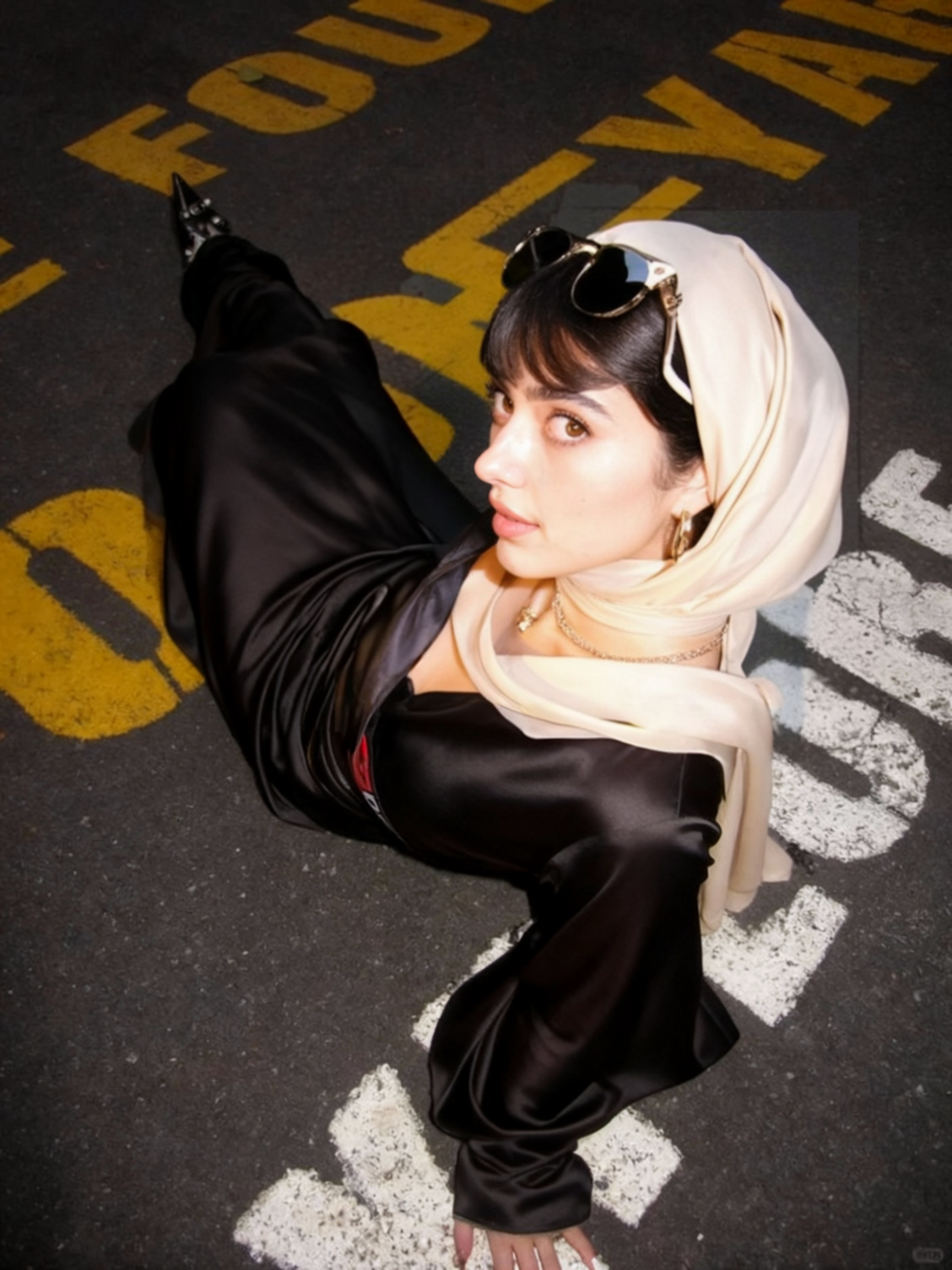 A woman wearing a beige headscarf, black satin dress, and sunglasses perched on her head, poses on a parking lot marked with yellow and white lines, looking up at the camera.