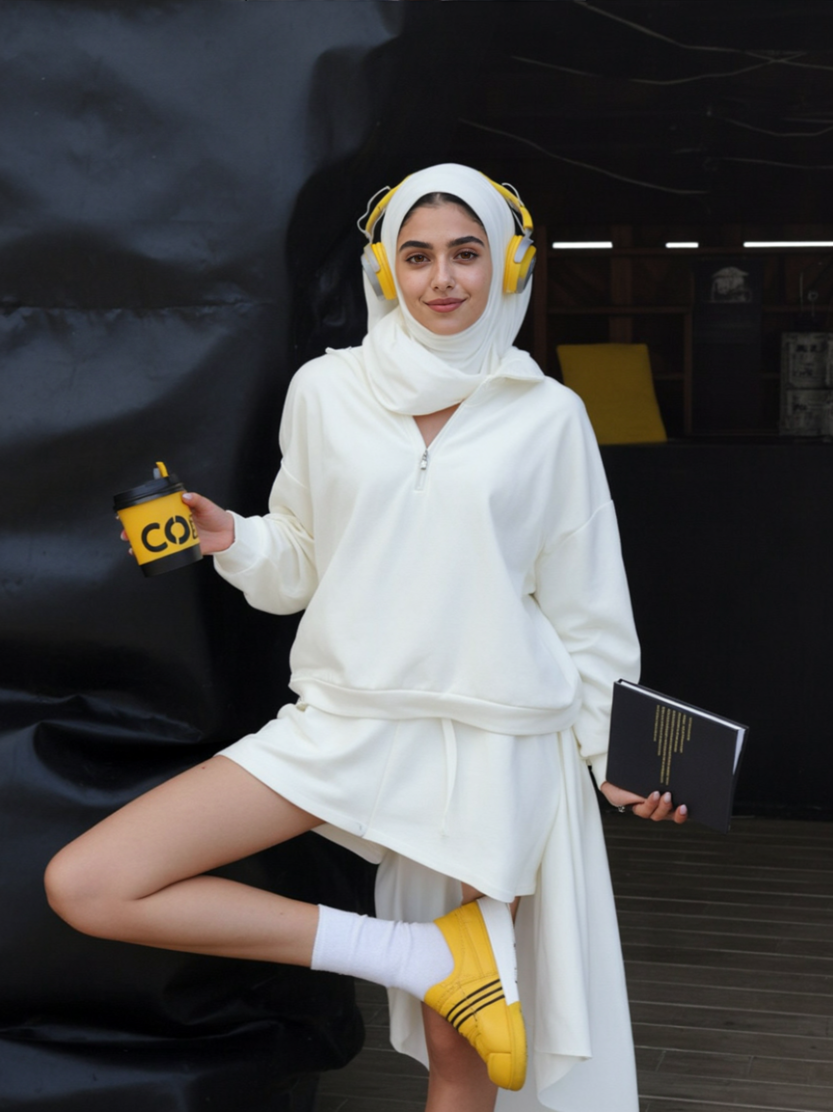 A young woman with a light skin tone, wearing a white hoodie, white skirt, and yellow sneakers, seated with one knee raised and holding a yellow and black coffee cup in one hand and a black notebook in the other, standing against a black background with yellow headphones on her head.