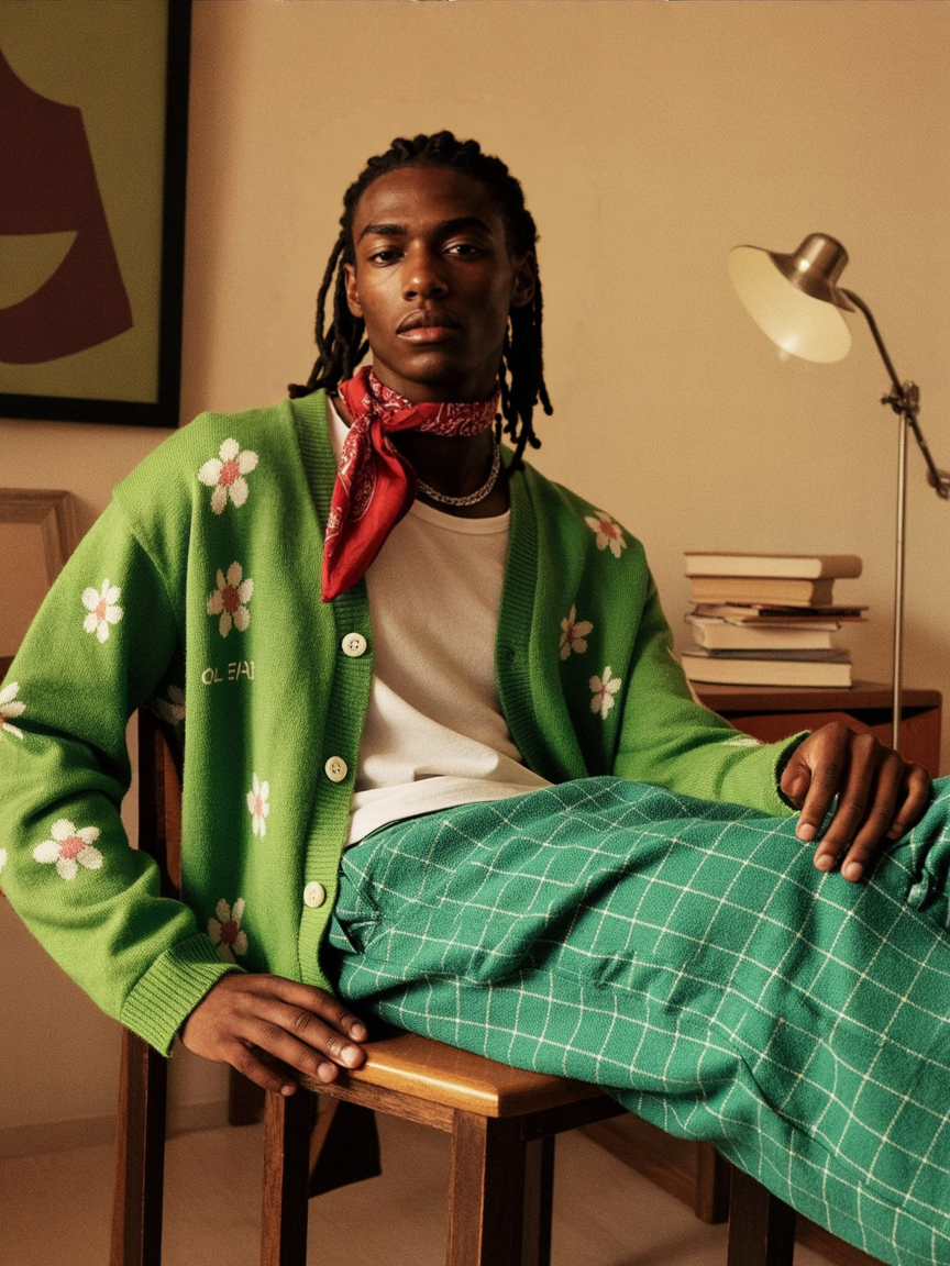 A young man with long dreadlocks sitting on a wooden chair in a room, wearing a green cardigan with white daisies, plaid pants, a red bandana, and a white shirt, with a stack of books and a desk lamp in the background.