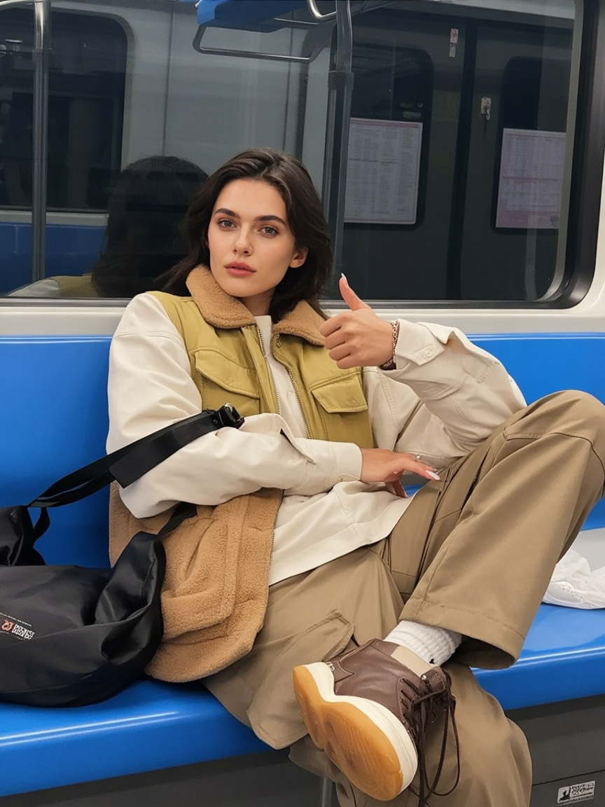 A young woman with dark hair, dressed in a light beige and white jacket, khaki pants, and brown shoes, sitting on a blue train seat, giving a thumbs-up gesture.