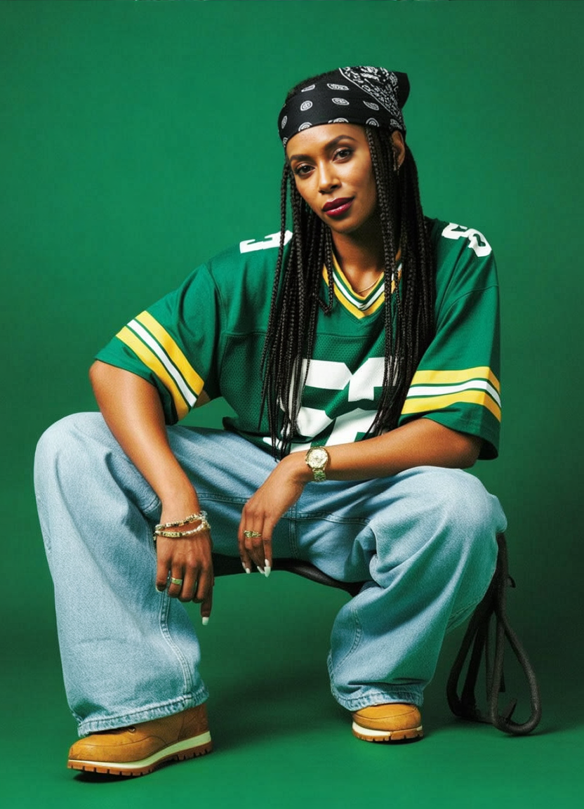 A woman with long braids wearing a black bandana, green sports jersey, baggy jeans, and brown work boots sitting against a green background.