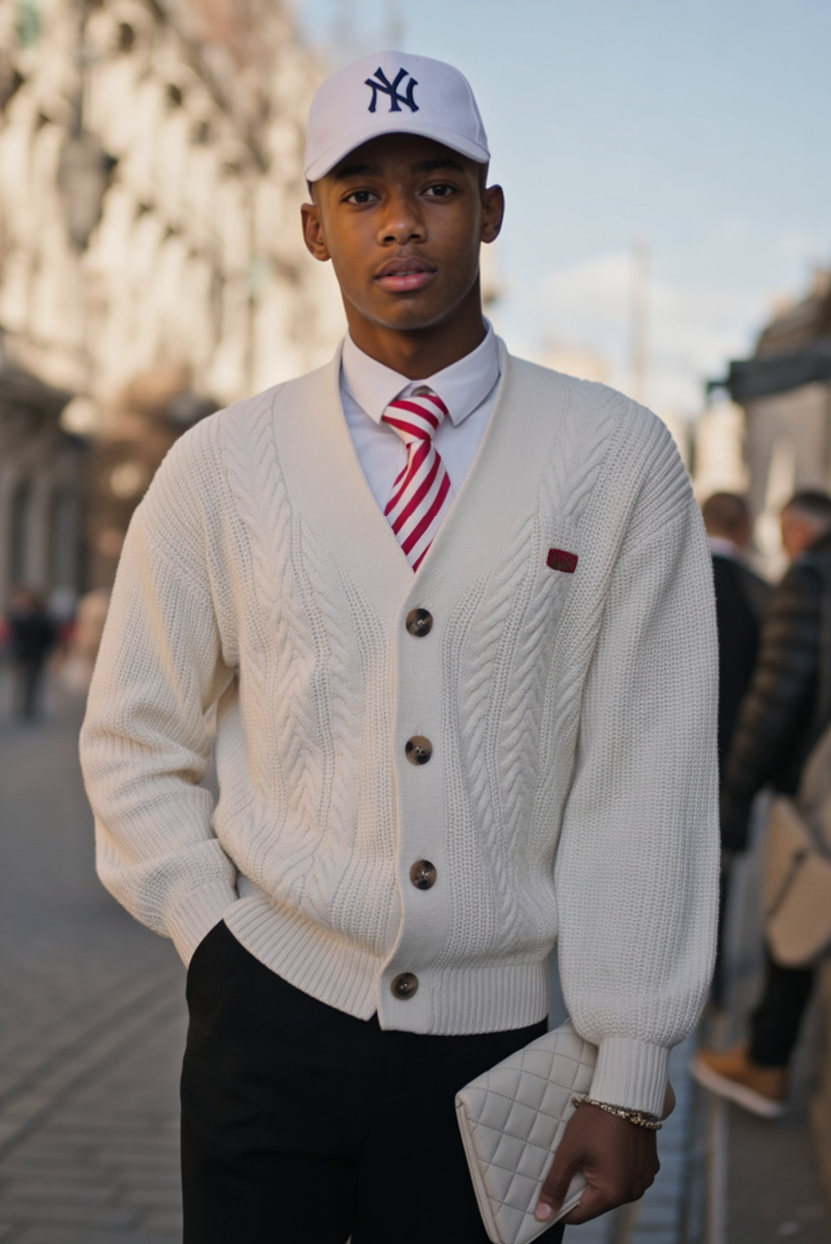 A young man standing outdoors in a street in daylight, wearing a white Yankees baseball cap, a white cable-knit cardigan, a white shirt, a red and white striped tie, black pants, and holding a quilted white clutch purse.