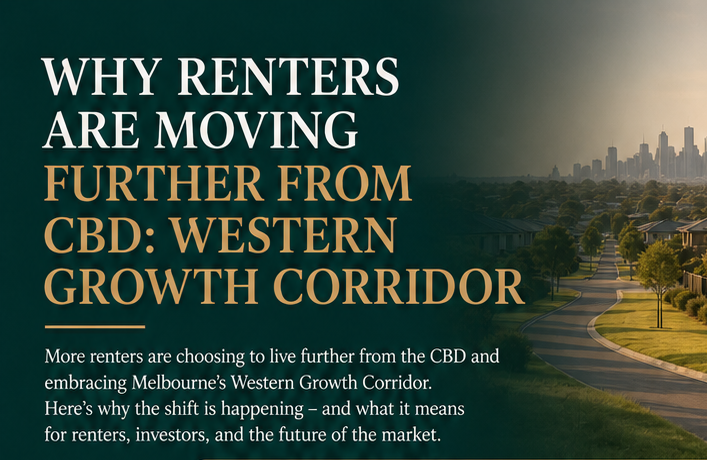 A headline about renters moving further from Melbourne's CBD to the Western Growth Corridor, with a background image of a suburban neighborhood and a city skyline in the distance.