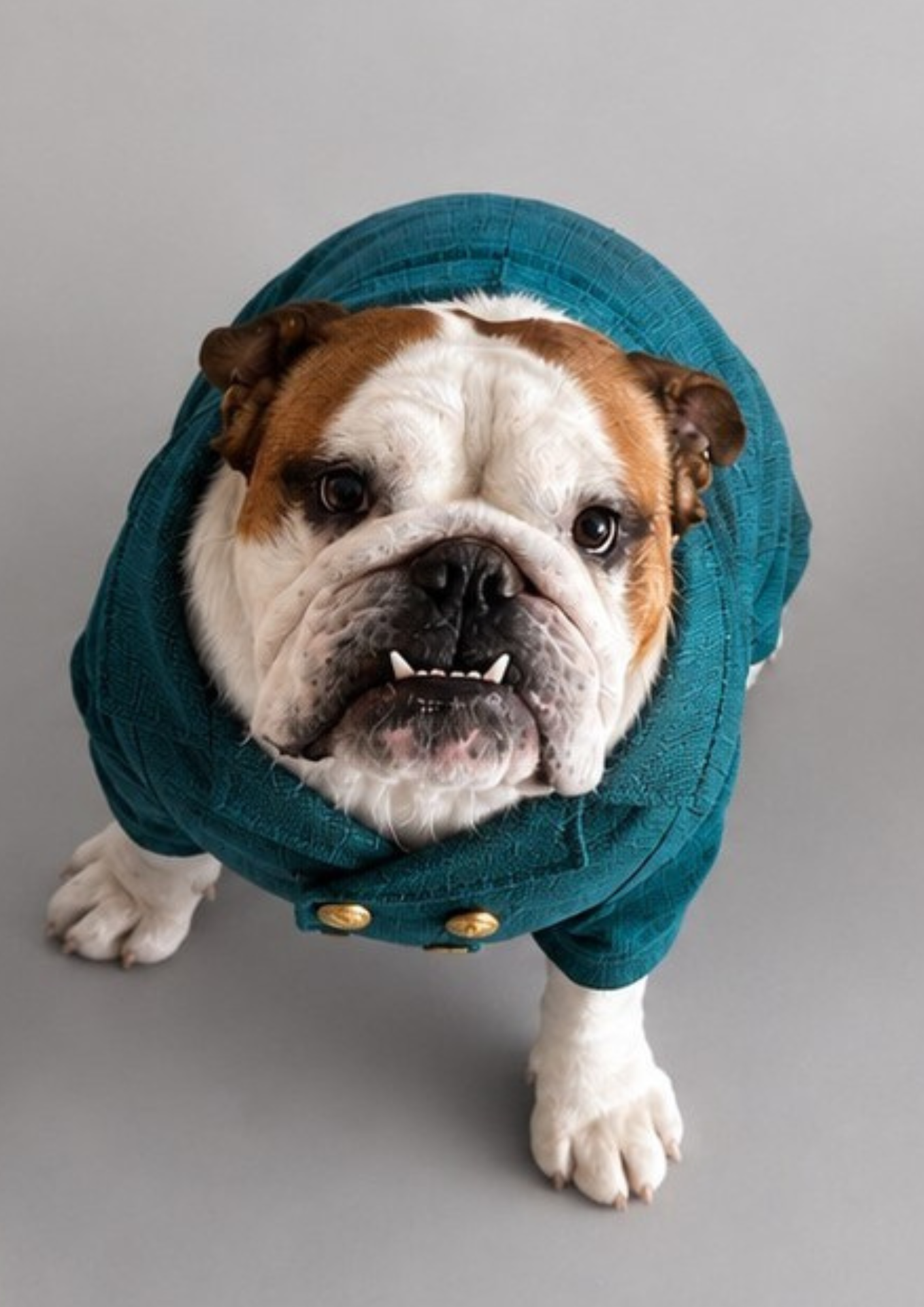 Royce Angelino - Close-up of a bulldog wearing a teal jacket with gold buttons, sitting on a gray surface with gray wall background - Ascension Real Estate property management Melbourne West