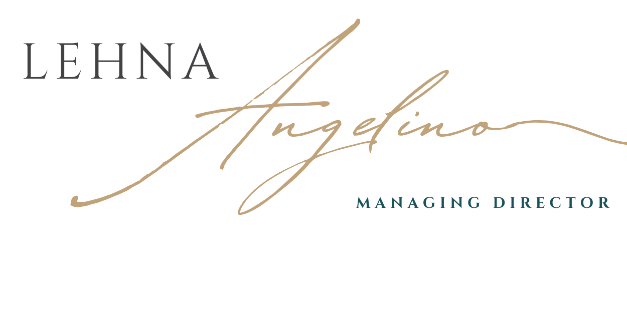 Lehna Angelino Managing Director logo with stylized text in black, gold, and teal.