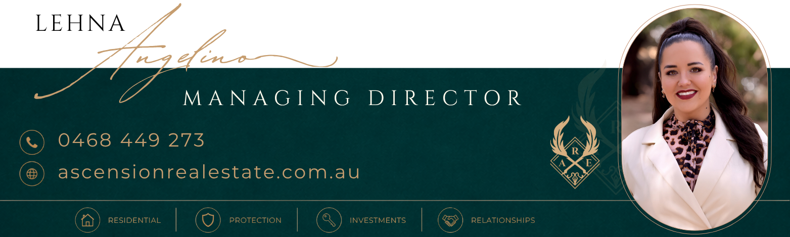 Business card for a managing director from Ascension Real Estate, featuring a woman with dark hair pulled into a high ponytail, wearing a white blazer and leopard print blouse, smiling outdoors, with contact information and icons for residential, protection, investments, and relationships.