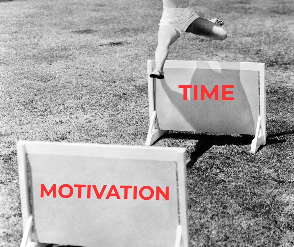 black and white image showing running hurdles and a female jumping them, on the hurdles words read: time and motivation