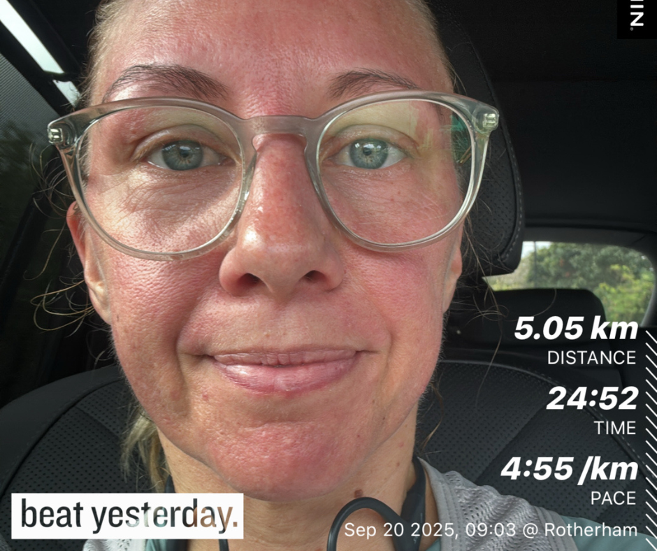 Female face closeup with 5k running times overlayed in white writing