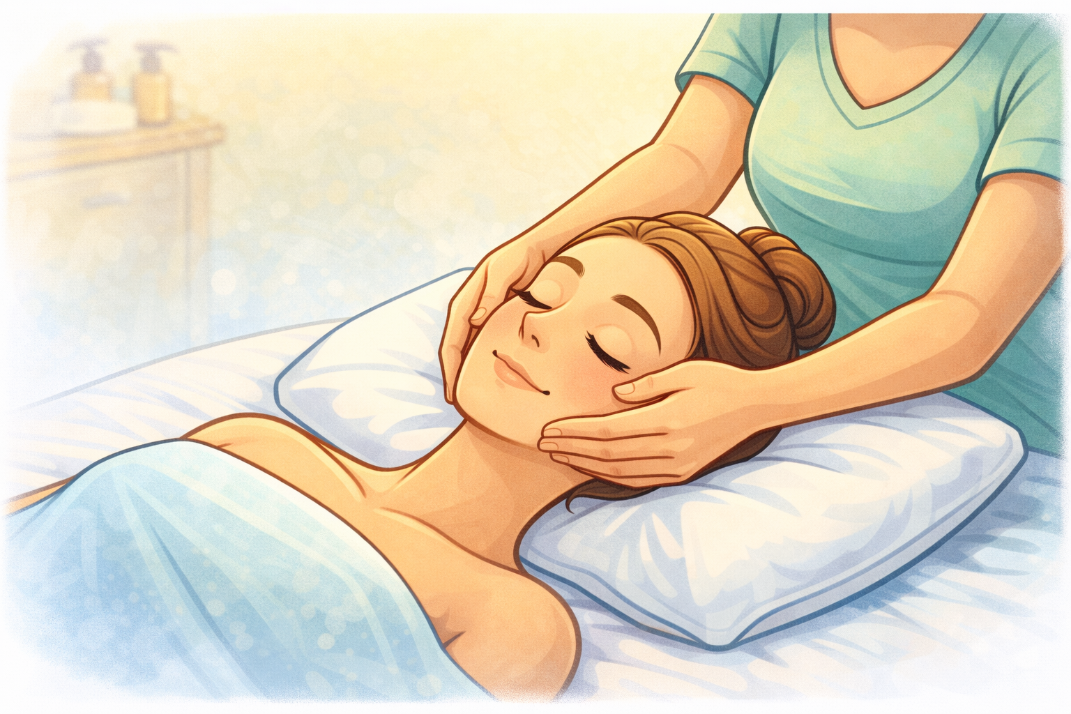 A woman receiving a relaxing massage from a therapist in a spa or massage room.