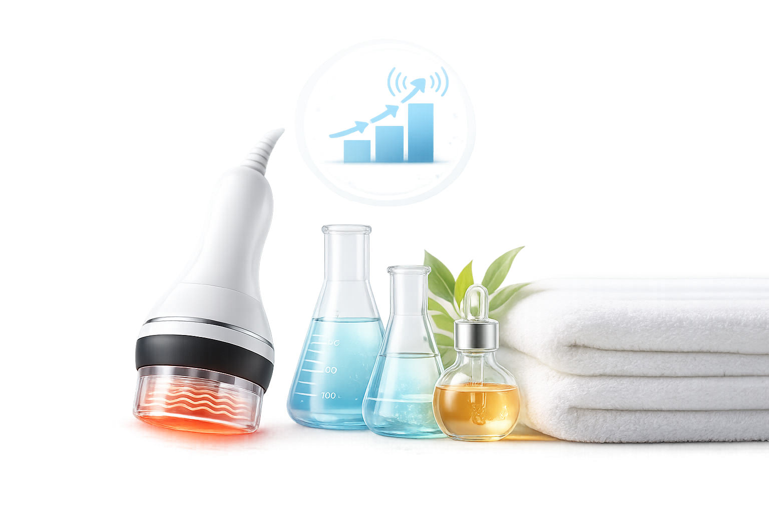 Collection of skincare and medical spa items including a handheld facial device emitting red light, glass beakers with blue liquids, a dropper with yellow oil, a rolled white towel, and a green leaf, all arranged on a surface with a mirror in the background.