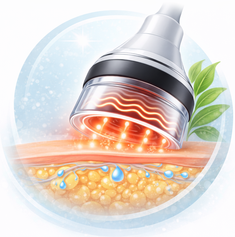 Illustration of a skincare treatment device applying heat and possibly radiofrequency or LED light to skin, with underlying fat and water molecules, and green leaves in the background