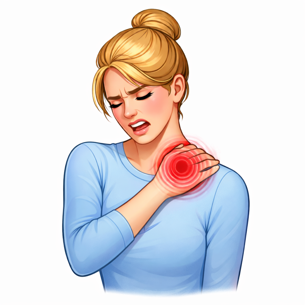 A woman with blonde hair in a bun, wearing a blue shirt, appears to be experiencing severe shoulder pain, holding her shoulder with a red, radiating pain symbol.
