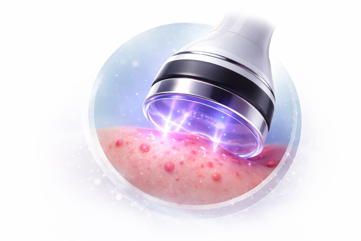 A close-up of a skincare treatment device emitting purple light onto a person's skin with acne.