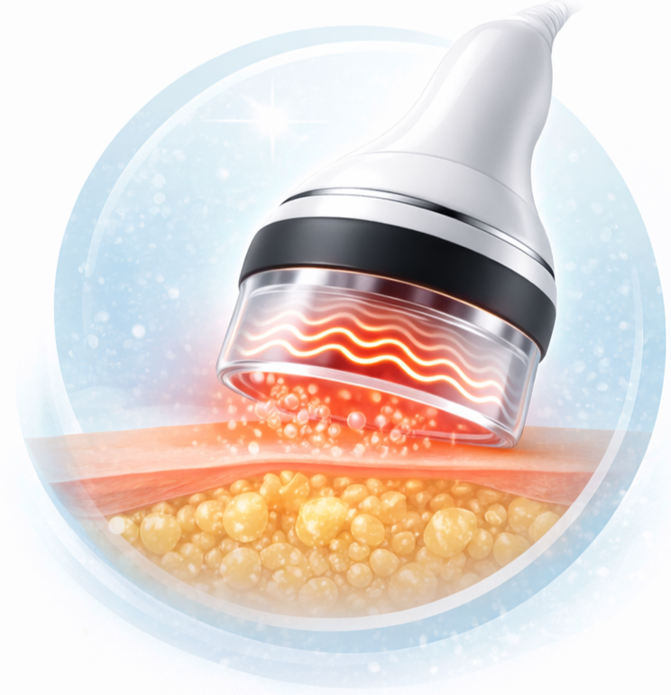 Cosmetic device delivering heat and energy to skin for fat reduction or skin tightening.