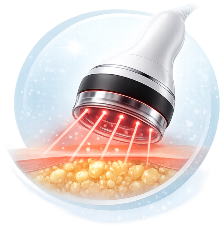 Medical device emitting laser beams onto skin, likely for skin treatment or removal of skin imperfections.