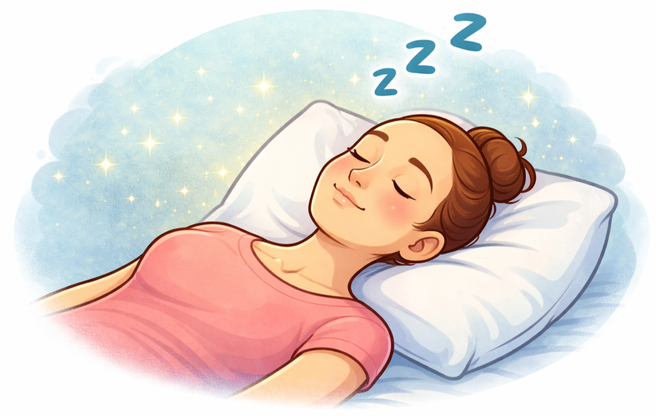 A woman with brown hair in a bun sleeping peacefully on her side with a smile, resting her head on a white pillow. She is wearing a pink shirt and surrounded by a soft, starry background, with blue 'Z' symbols indicating sleep.