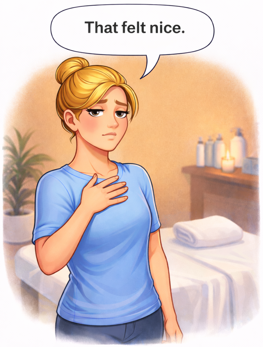 A woman with blonde hair in a bun, wearing a blue shirt, holding her hand to her chest, in a massage or therapy room with a towel and bottles on a shelf, saying 'That felt nice.'.