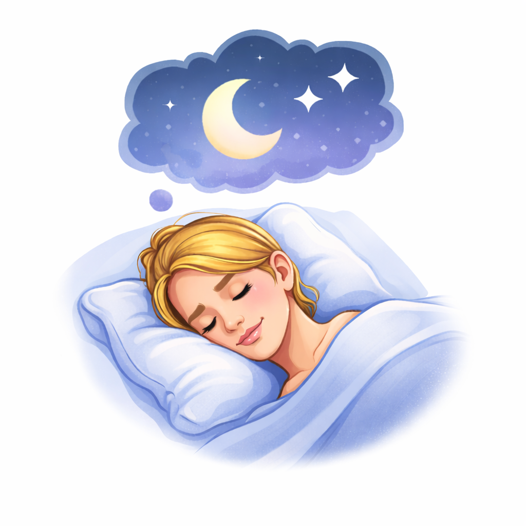 A woman with blonde hair is sleeping peacefully in bed, with a thought bubble above her head showing a night sky with a crescent moon and stars.