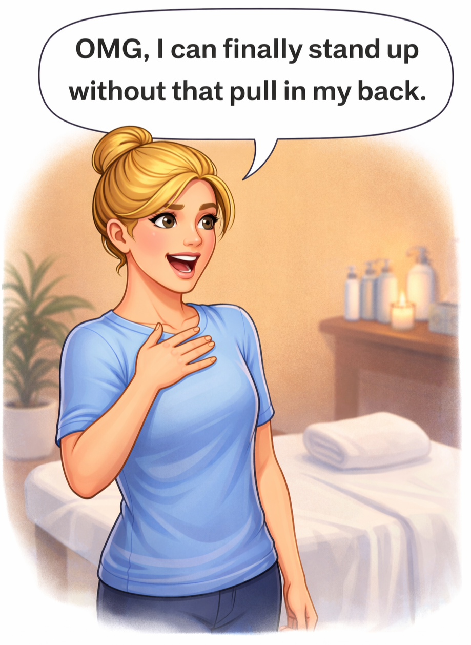 A cartoon woman with blonde hair in a bun, wearing a blue shirt, smiles and gestures with her hand on her chest, speaking in a speech bubble about standing up without a pull in her back in a wellness room with a massage table and candles.
