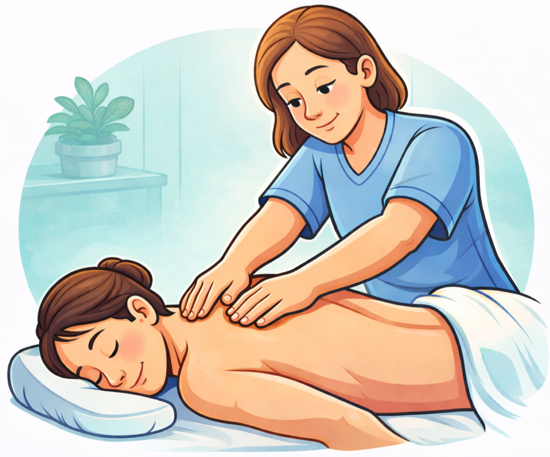 A woman receiving a back massage from a massage therapist in a spa or massage therapy setting.