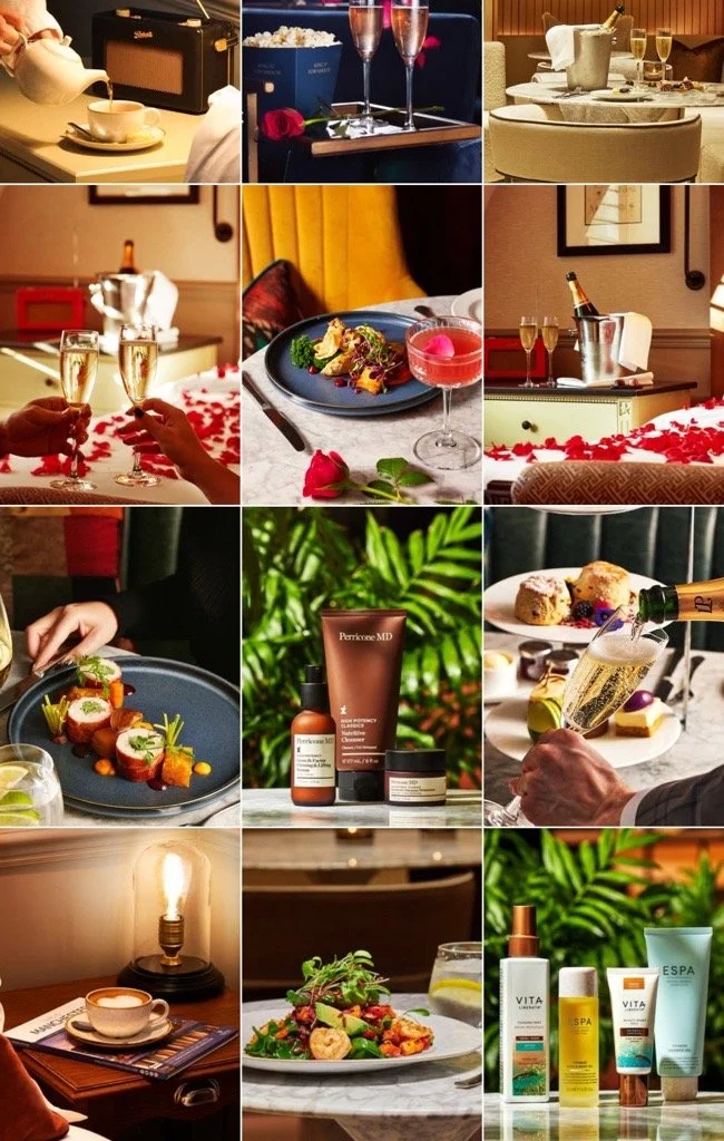 Collage of romantic dinner scenes with wine, champagne, food, desserts, and spa products.