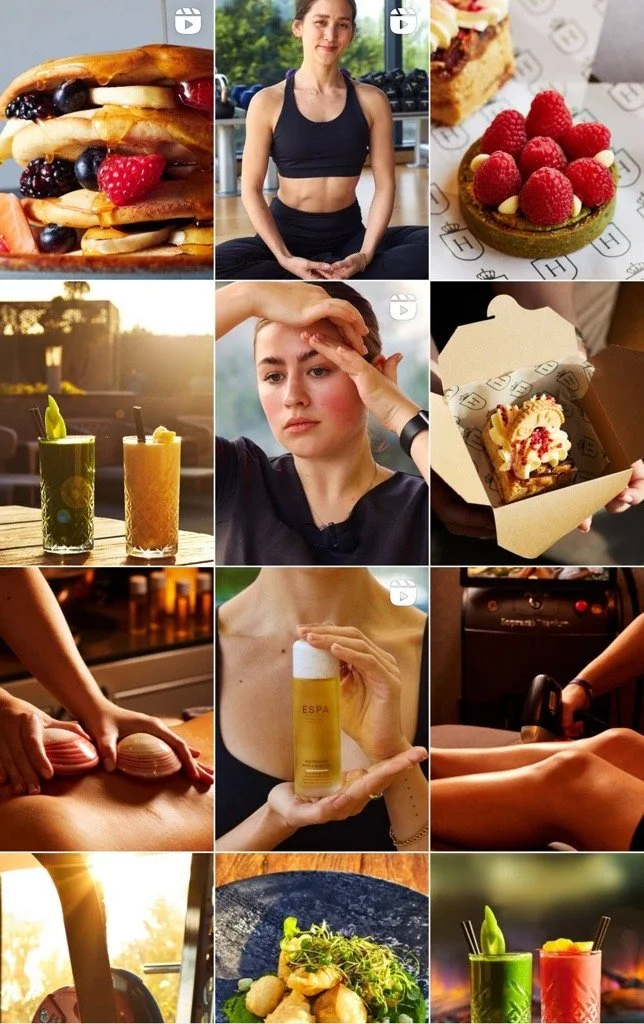 Collage of alternating images of food, beverages, wellness activities, and relaxation scenes, including pancakes with berries, a woman practicing yoga, a dessert with raspberries, smoothies, a woman massaging a person's back, a woman holding a beer,