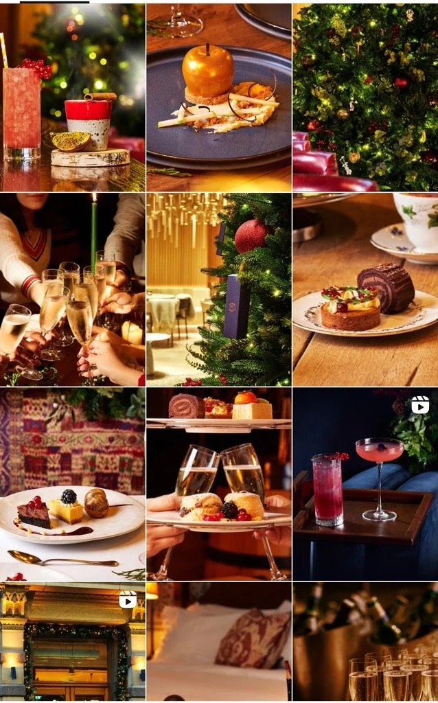 A collage of images depicting a festive celebration with Christmas decorations, appetizers, desserts, drinks, and a cozy indoor setting.