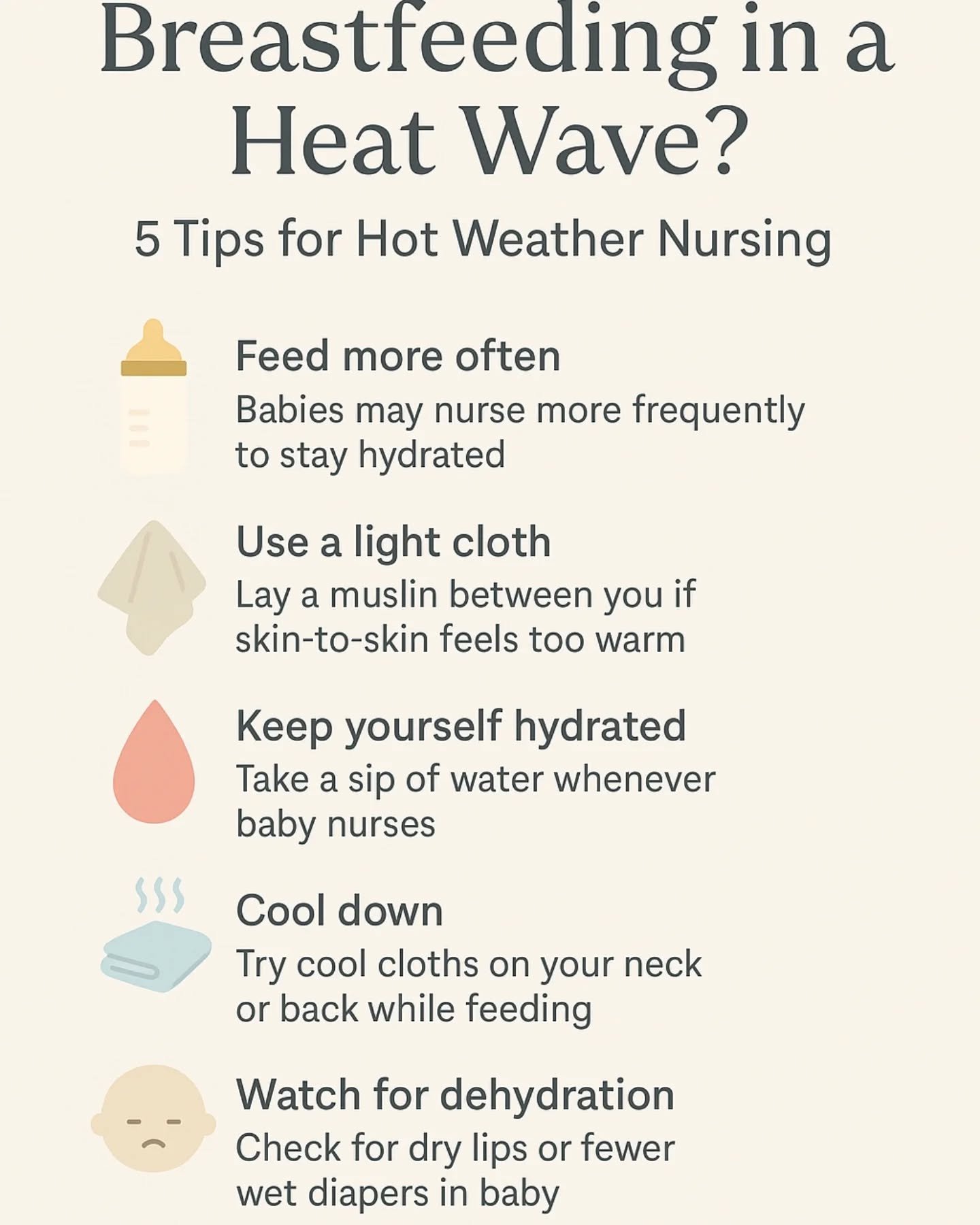 🔥 Breastfeeding in a Heat Wave? Here&rsquo;s What You Need to Know

Breast milk is amazing &mdash; it adjusts to meet your baby&rsquo;s hydration needs, even in hot weather. But you need care too. 💧

✅ Tips for breastfeeding in the heat:

Feed more