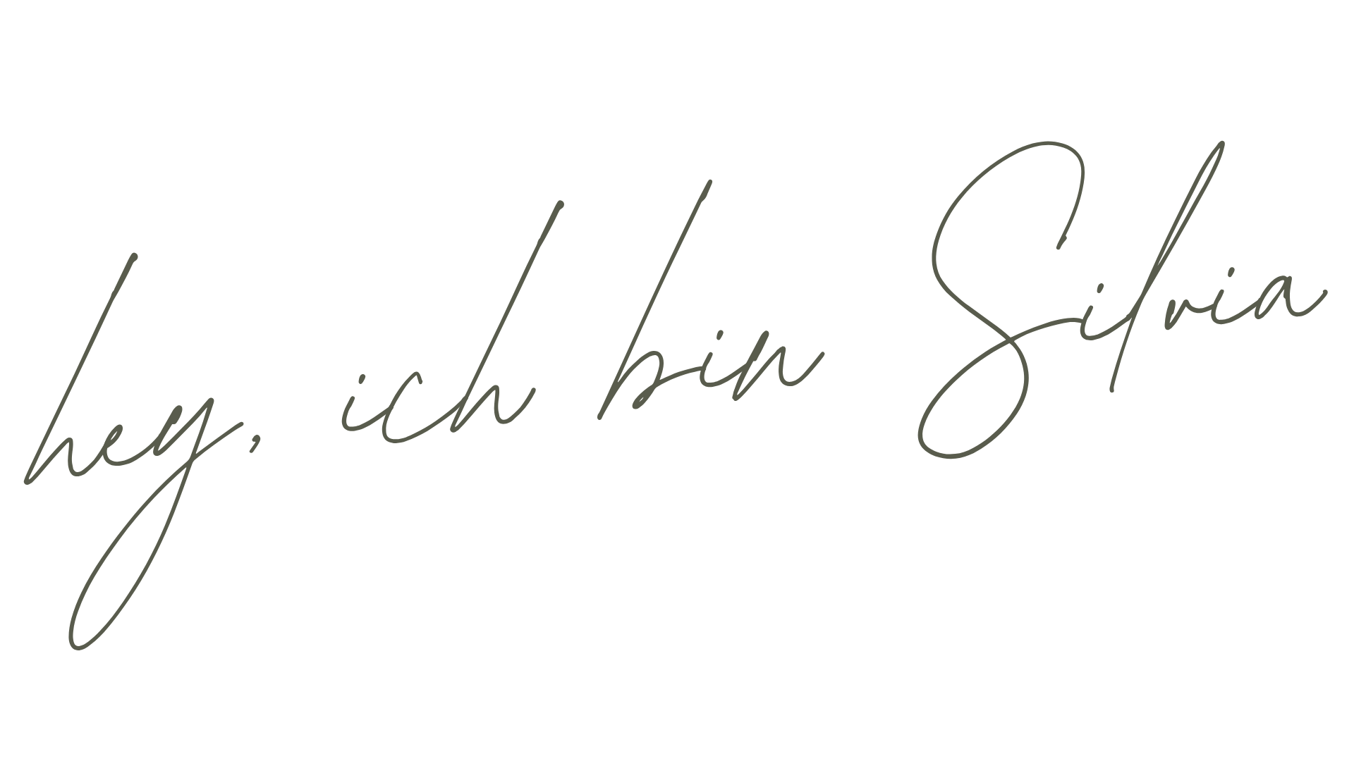 Der Text im Bild lautet: 'hey, ich bin Silvia' in einer eleganten, handgeschriebenen Schrift auf schwarzem Hintergrund.