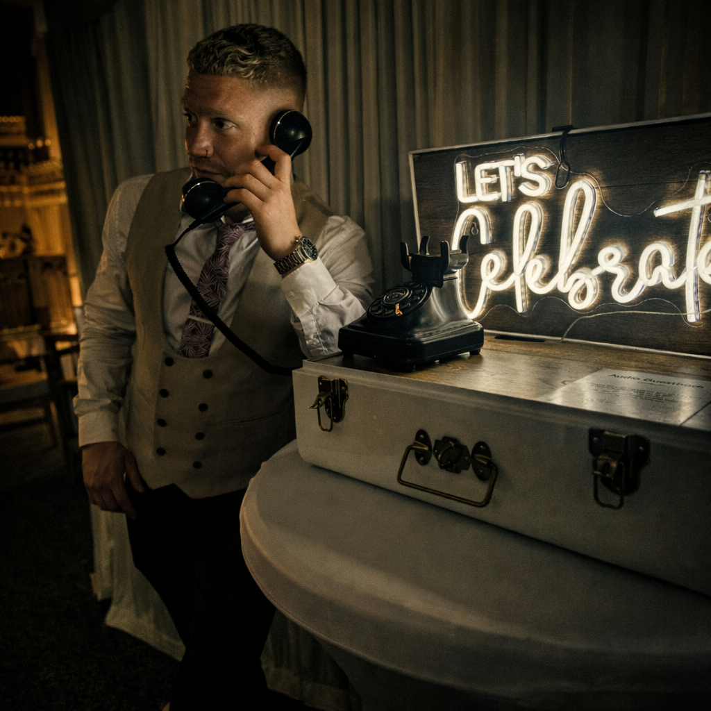 A man in formal attire talking on a vintage telephone at a photo booth with a neon sign that says 'Let's Celebrate' and a logo for 'Magical Memories Photo Booth'.
