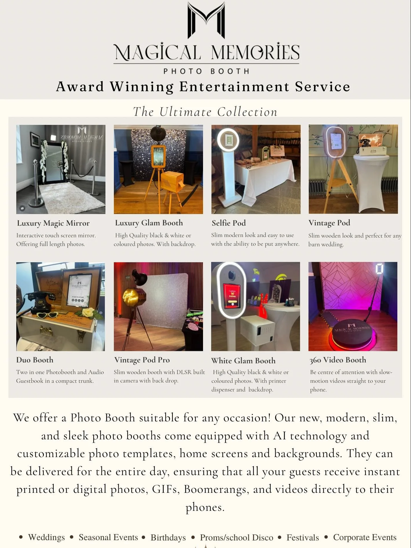 We offer a Photo Booth suitable for any occasion! Our new, modern, slim, and sleek photo booths come equipped with AI technology and customizable photo templates, home screens and backgrounds. They can be delivered for the entire day, ensuring that a