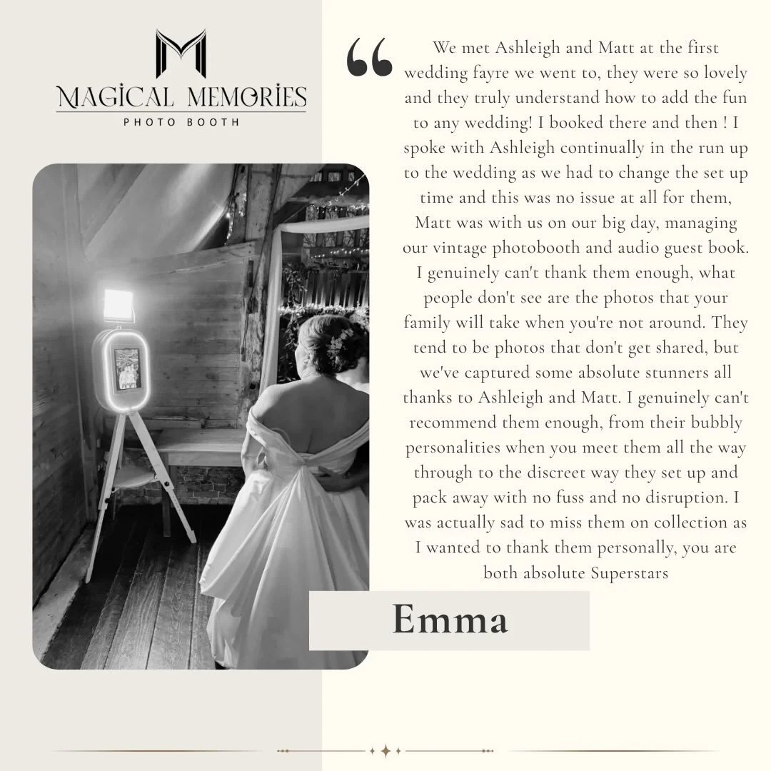 ⭐️⭐️⭐️⭐️⭐️We met Ashleigh and Matt at the first wedding fayre we went to, they were so lovely and they truly understand how to add the fun to any wedding! I booked there and then ! I spoke with Ashleigh continually in the run up to the wedding as we 