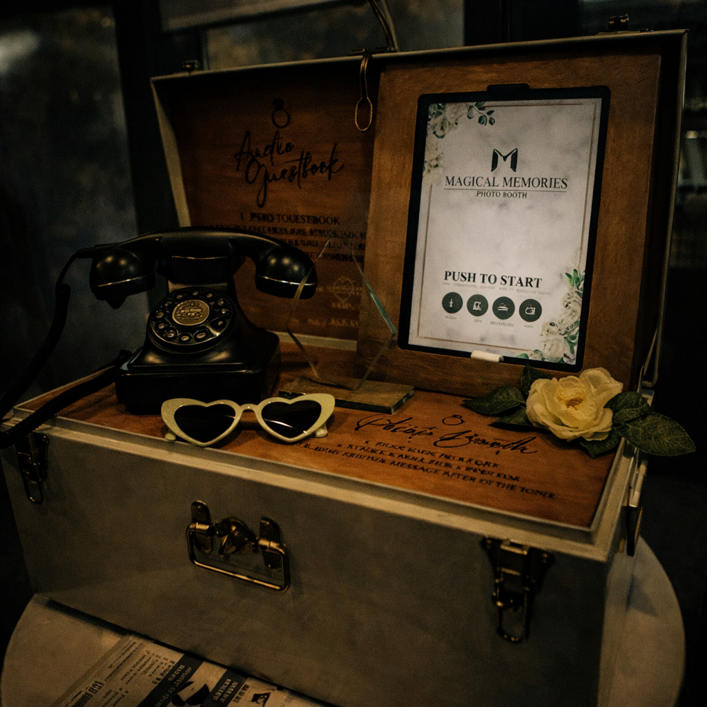 A vintage black rotary phone, yellow heart-shaped sunglasses, and a small floral arrangement sit on a white photo booth box. Behind them, a wooden display has a tablet with 'Magical Memories Photo Booth' and instructions, a chalkboard sign reading 'Audio Guestbook,' and a clear acrylic sign with event details.