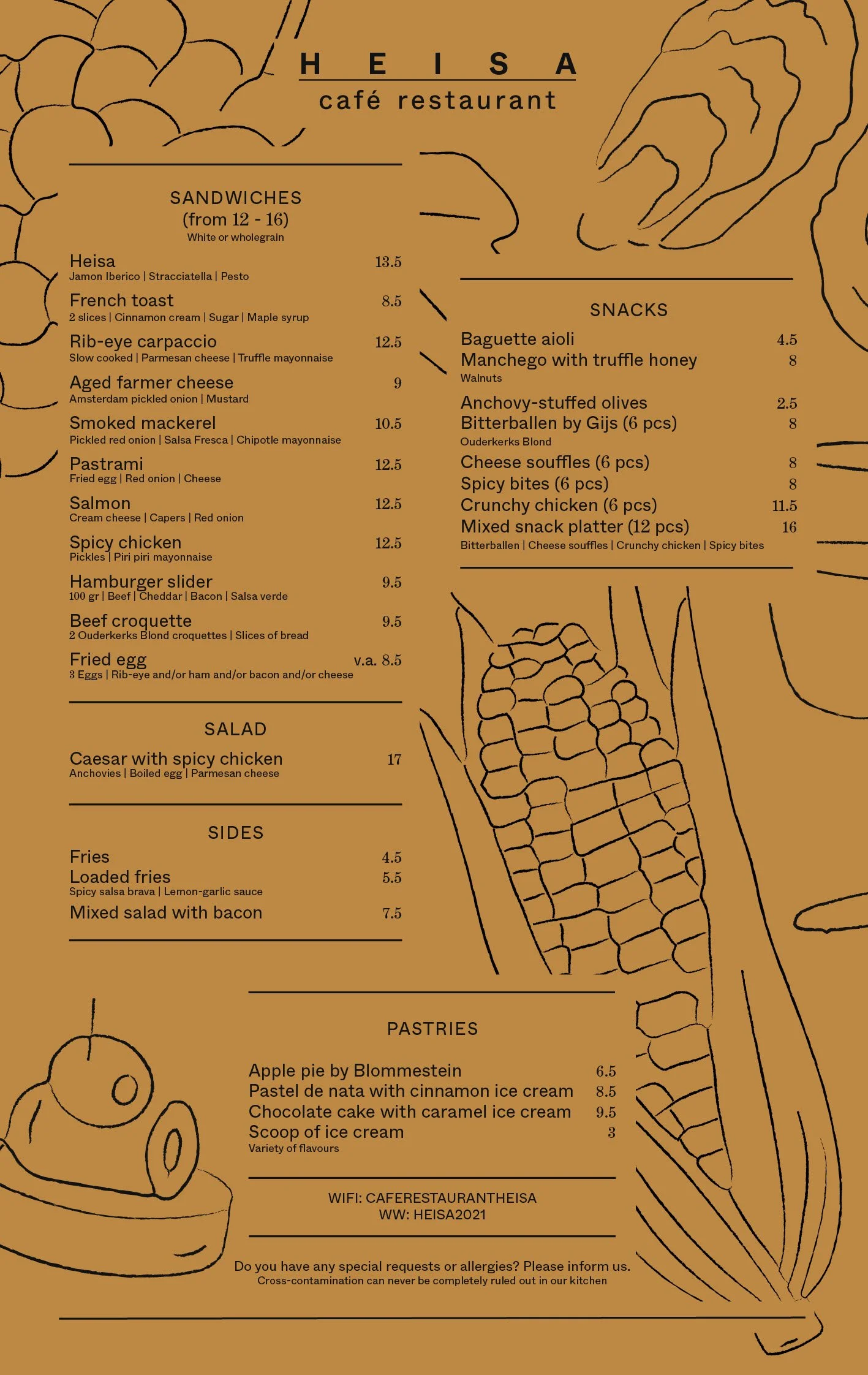 Het menu van café restaurant Heisa met daarop categoriën voor shared dining, voorgerechten, hoofdgerechten, desserts en dranken.