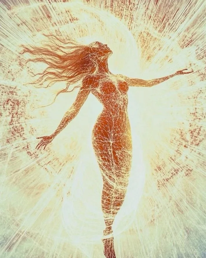 A woman with long flowing hair is depicted as a glowing, crackling figure with an outstretched arm, standing in front of a bright, radiant background that appears to be a sunburst.