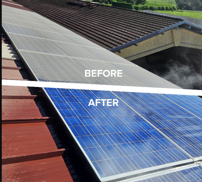 Comparison of solar panels on a roof showing before and after cleaning, with dirty panels in the upper section and clean, shiny panels in the lower section.