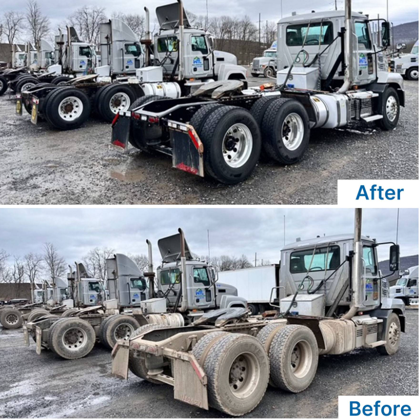Comparison of two semi-truck chassis, with a cleanup in progress. The top image, labeled 'After,' shows a cleaner, more polished truck. The bottom image, labeled 'Before,' shows a dirtier, more weathered truck.