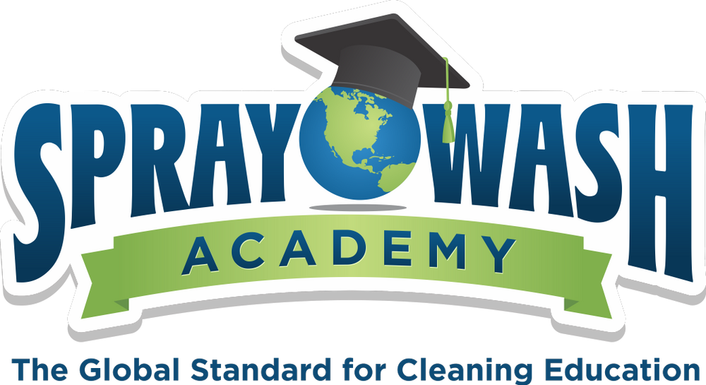 Logo for Spray Wash Academy featuring a globe wearing a graduation cap, with the text "Spray Wash Academy" and a tagline "The Global Standard for Cleaning Education."