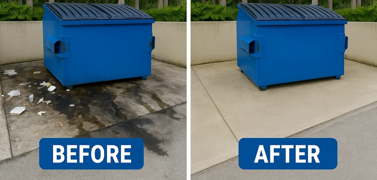 Side-by-side comparison of a blue dumpster on concrete, with the 'before' showing trash and stains around it, and the 'after' showing a clean area with no trash or stains.