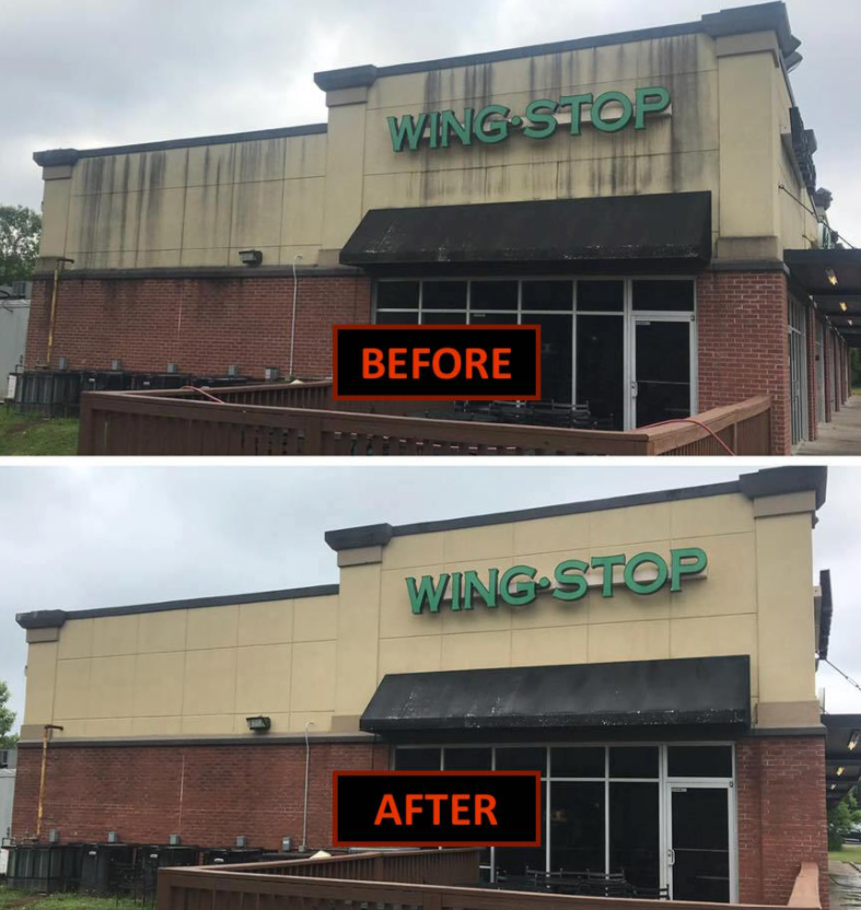 Side view of a restaurant called 'Wing Stop' after renovation, showing a cleaner and brighter facade with a beige updated exterior wall, compared to the previous darker, grime-stained wall.
