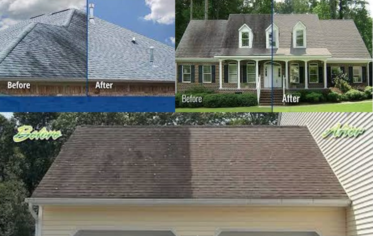 Comparison of roof and house exterior before and after cleaning or renovation, showing significant improvement in roof condition and house appearance.
