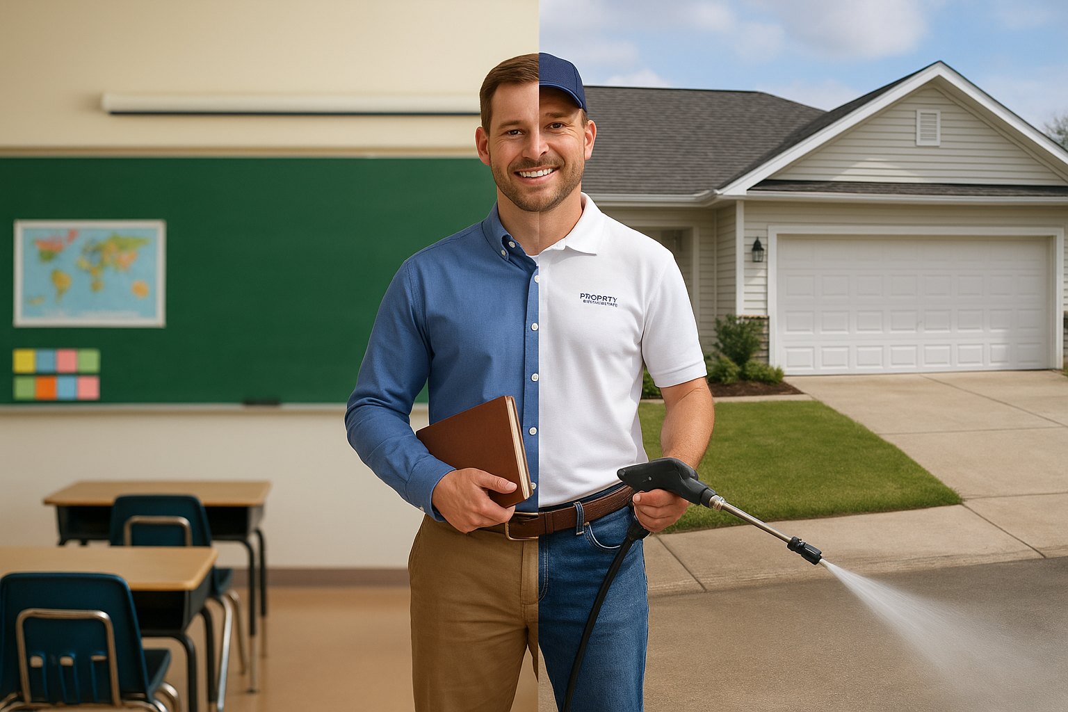 A man standing outside a house, holding a notebook in one hand and a pressure washer in the other, smiling at the camera.