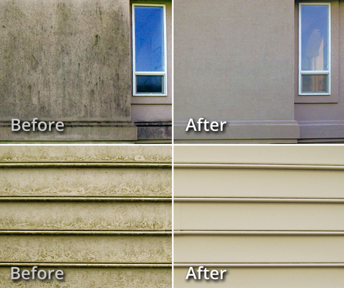 Side-by-side comparison of a house exterior showing before and after cleaning. The 'before' images display dirty, stained surfaces on a wall, window frame, and siding. The 'after' images show these surfaces clean and restored.