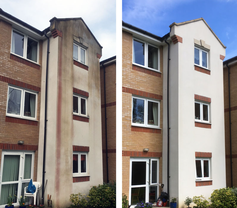 Comparison of exterior wall before and after cleaning and renovation: left side shows stained, weathered building wall with discoloration, right side shows the same wall cleaned and freshly painted. Both images feature the same brick apartment building with white-framed windows and a small garden at the base.