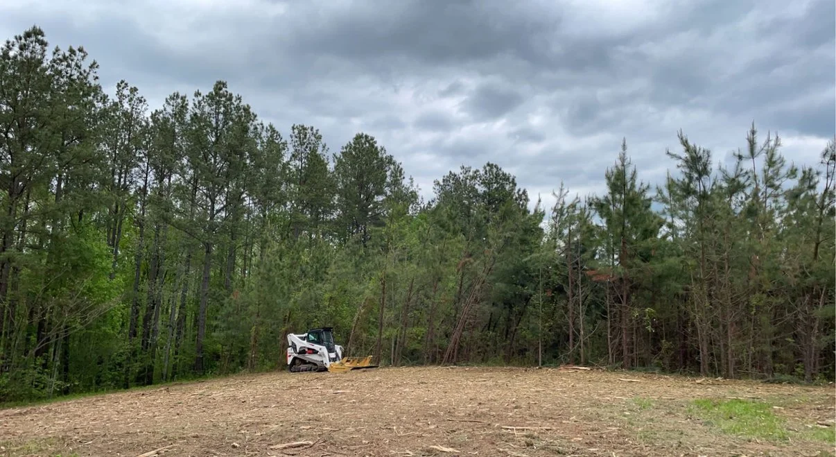 A skid-steer loader with a yellow attachment parked on cleared land next to a dense forest under a cloudy sky.