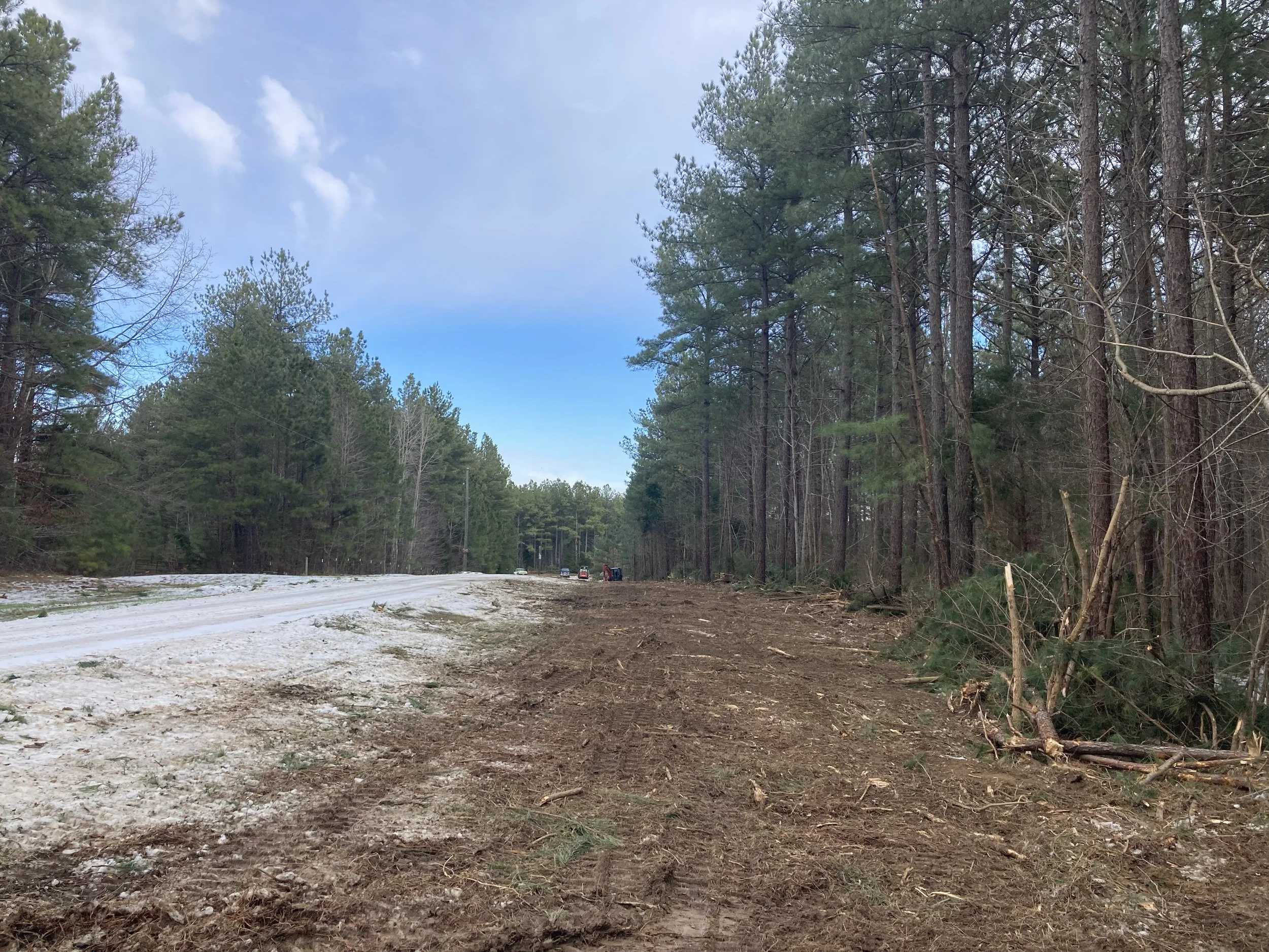A dirt road cutting through a forested area with tall pine trees on both sides. The sky is partly cloudy with patches of blue visible.
