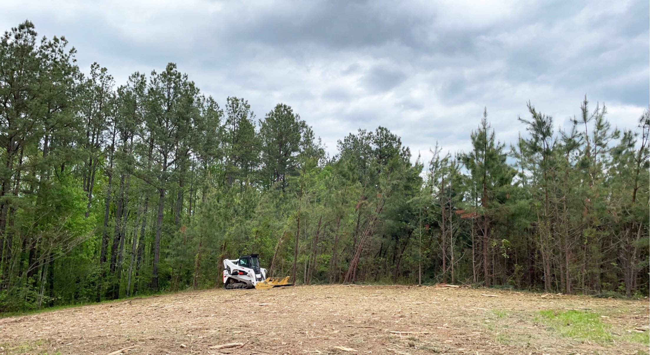 A bulldozer parked on a cleared patch of land near a forest under a cloudy sky.