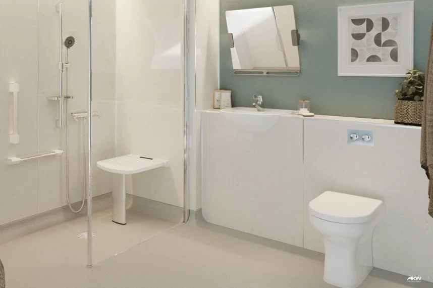 White tiled home bathroom with accessible toilet